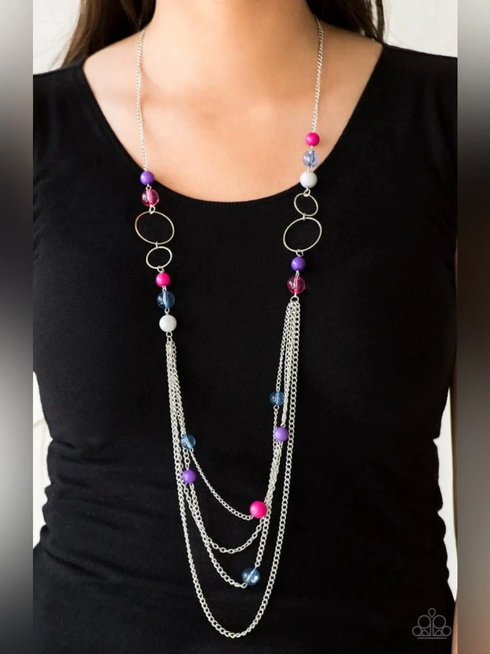Paparazzi Layered Necklace- Pink, Purple, Blue,  & White with hot pink earrings